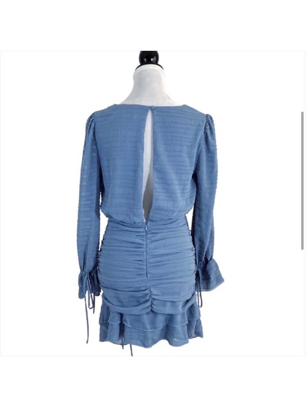 STYLE RACK Summer Sky Dusty Blue V-Neck Ruched Long-Sleeve Mini Dress - Picture 4 of 8